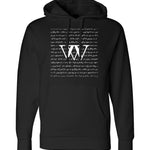 Black hoodie with white cursive font in a square, fading at the edges. Two white stylized serif “W’s” are in the center of the hoodie - from Thataylaa