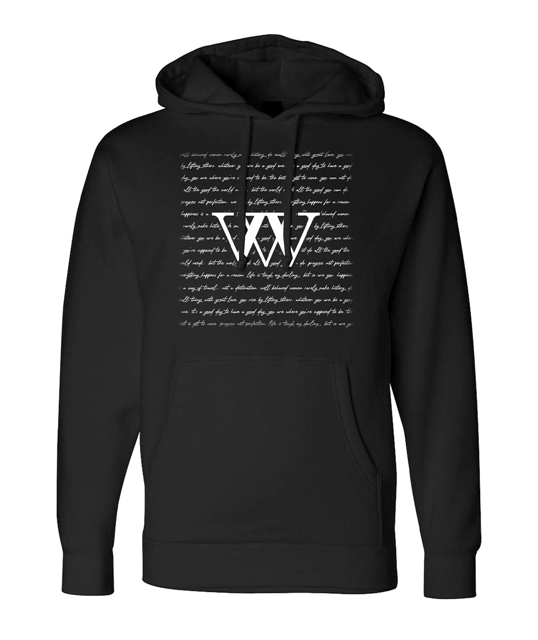 Black hoodie with white cursive font in a square, fading at the edges. Two white stylized serif “W’s” are in the center of the hoodie - from Thataylaa