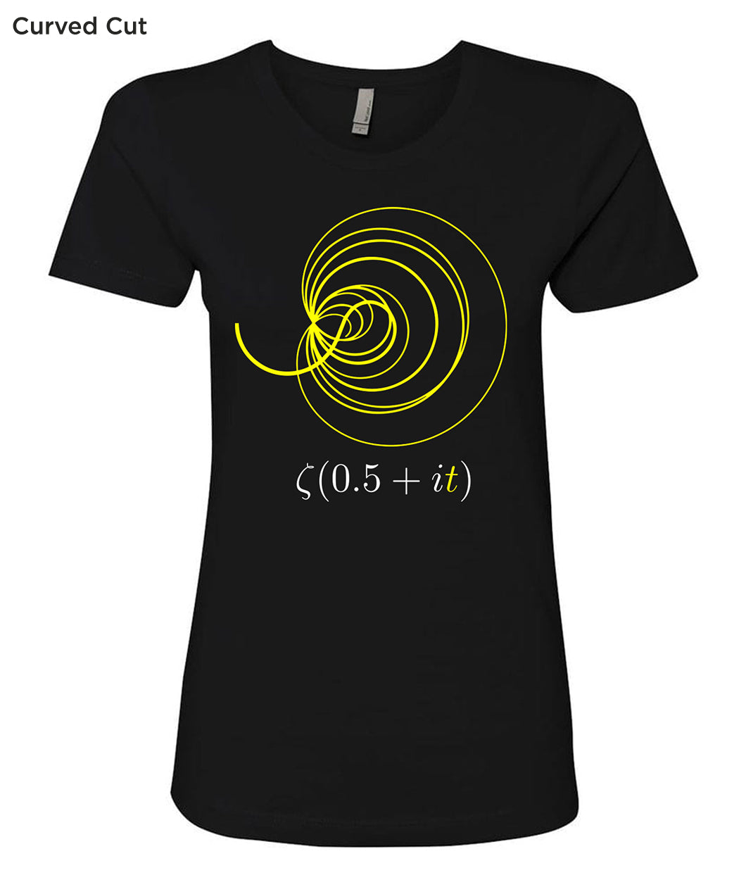 A black t-shirt with a yellow Zeta Spiral and a math equation in white below the spiral shown in the curved fit- from 3Blue1Brown.