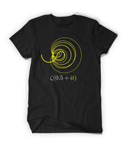 A black t-shirt with a yellow Zeta Spiral and a math equation in white below the spiral - from 3Blue1Brown.